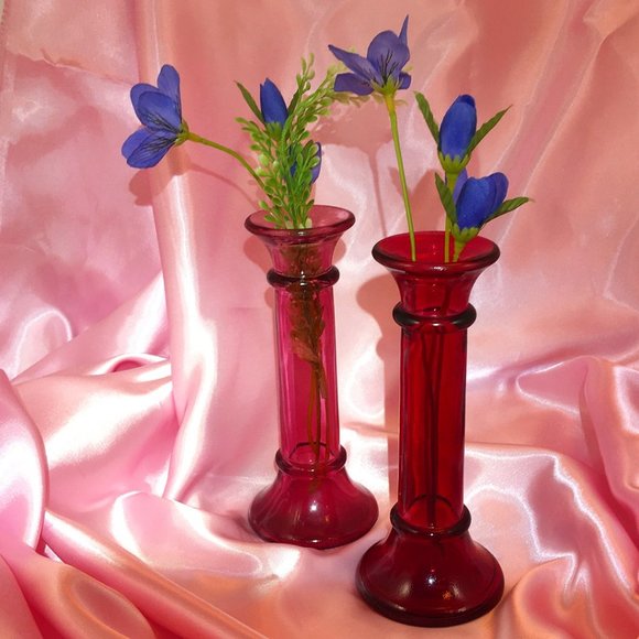 SOLD Two Red Indiana Glass Bud Vases/Candle Holders - Picture 5 of 5
